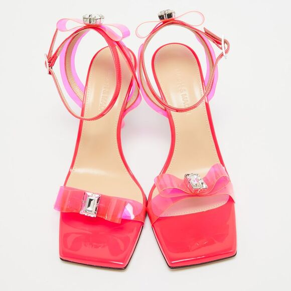 Mach & Mach Neon Pink PVC and Patent Leather French Bow Square Sandals Size 38.5 - Picture 3 of 4